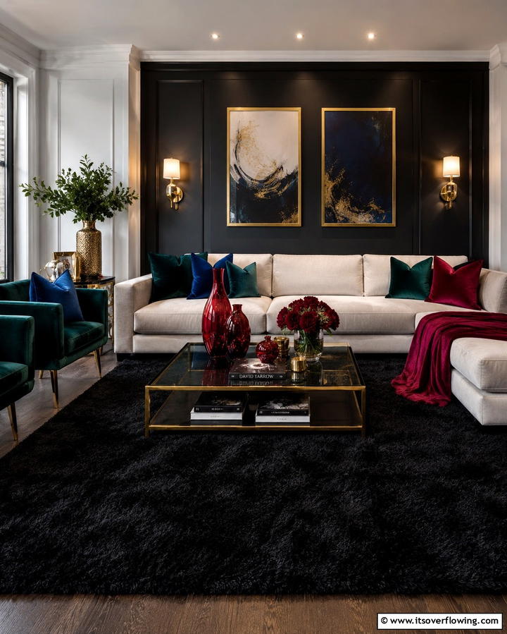 Black Carpet with Jewel Toned Decor - 25 Black Carpet Living Room Ideas for a Cozy Atmosphere