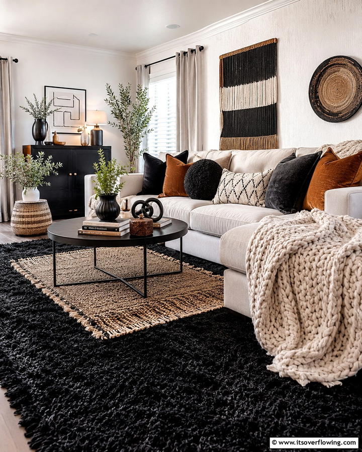 Black Carpet with Layered Textures - 25 Black Carpet Living Room Ideas for a Cozy Atmosphere