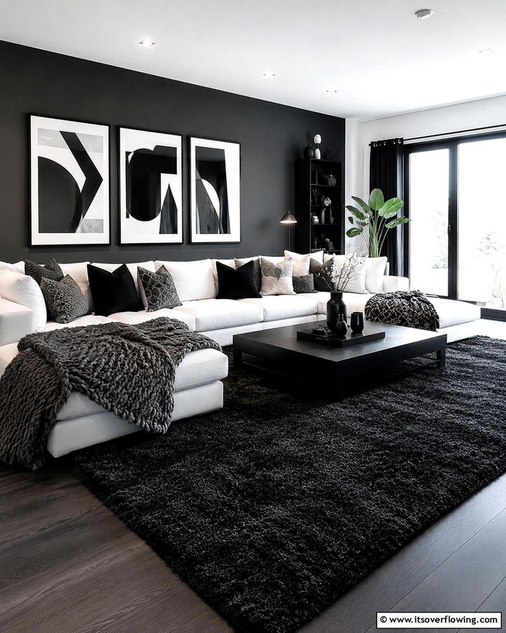 Black Carpet with Monochrome Decor - 25 Black Carpet Living Room Ideas for a Cozy Atmosphere