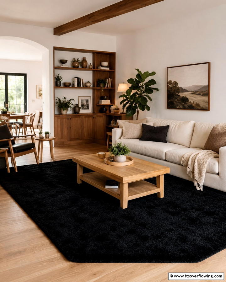 Black Carpet with Natural Wood Accents - 25 Black Carpet Living Room Ideas for a Cozy Atmosphere