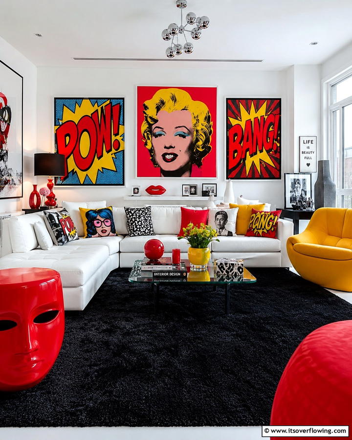 Black Carpet with Pop Art Decor - 25 Black Carpet Living Room Ideas for a Cozy Atmosphere