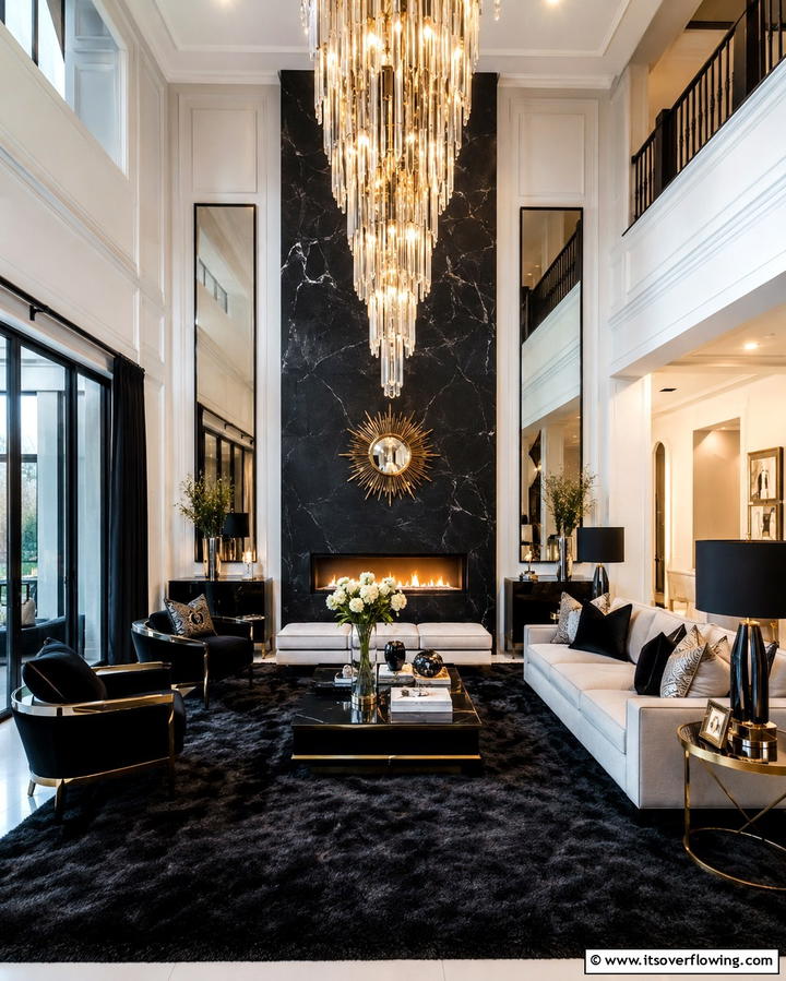 Black Carpet with Statement Lighting - 25 Black Carpet Living Room Ideas for a Cozy Atmosphere