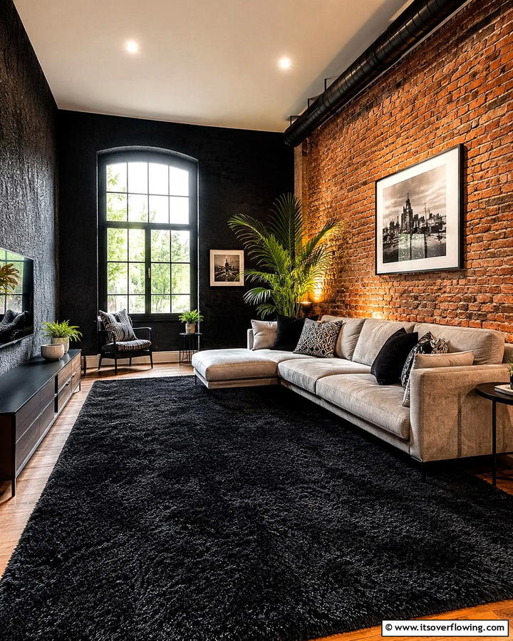 Black Carpet with Textured Walls - 25 Black Carpet Living Room Ideas for a Cozy Atmosphere