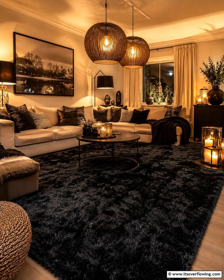Black Carpet with Warm Lighting - 25 Black Carpet Living Room Ideas for a Cozy Atmosphere