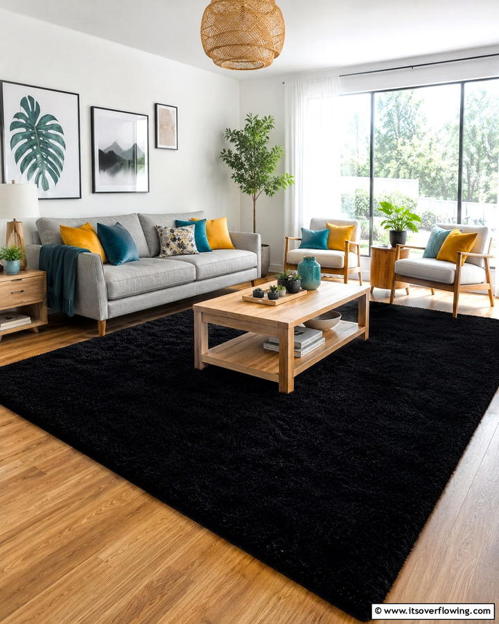 Black Carpet with White Walls - 25 Black Carpet Living Room Ideas for a Cozy Atmosphere