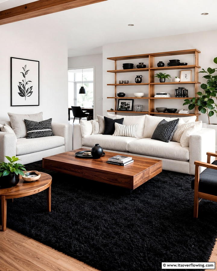 Black Carpet with Wooden Accents - 25 Black Carpet Living Room Ideas for a Cozy Atmosphere