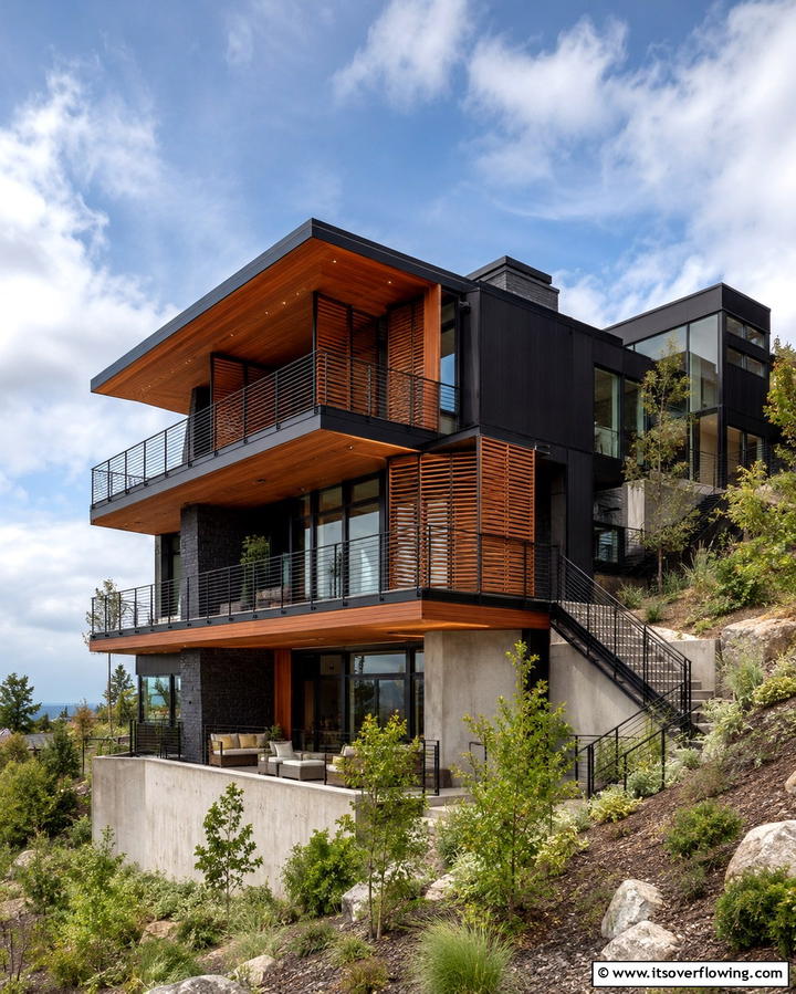Black Cedar Balconies - 30 Modern Black Houses with Cedar Accents for Striker Exteriors