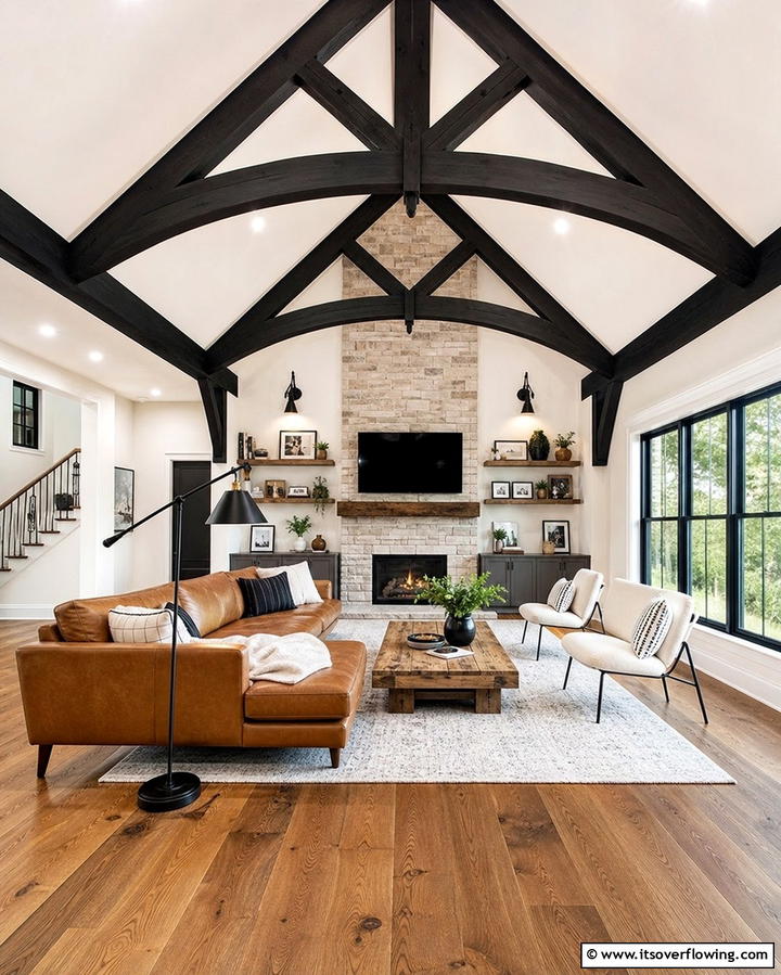 Black Ceiling Beams for Architectural Interest - 25 Chic Black and Brown Living Room Ideas for Modern Homes