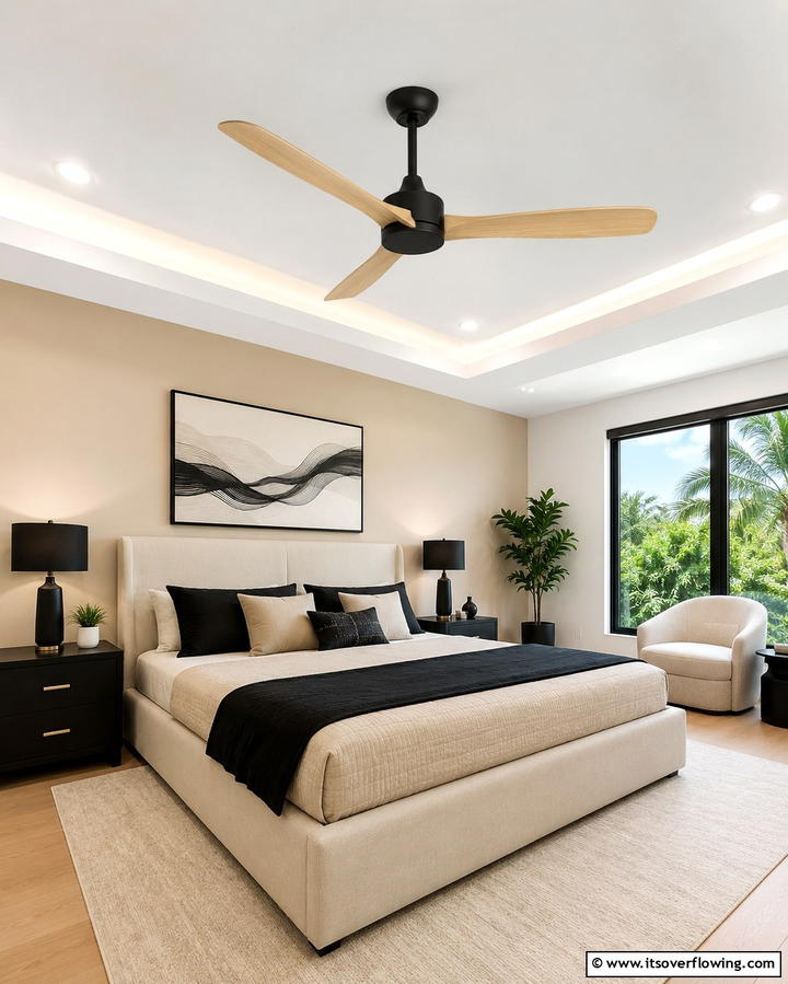 Black Ceiling Fan with Beige Blades - 25 Elegant Black and Beige Bedroom Design Ideas