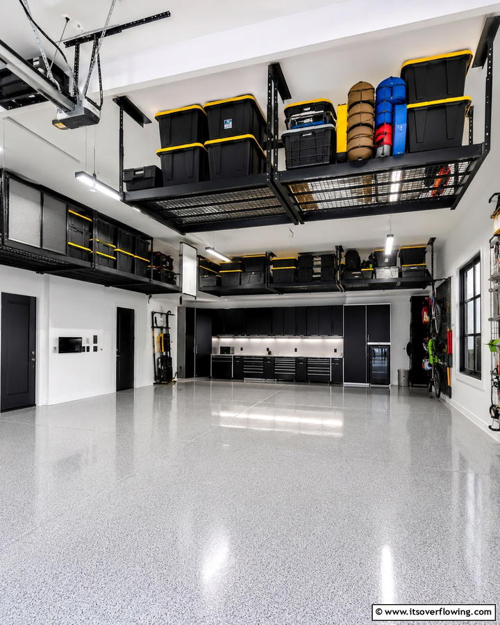 Black Ceiling Mounted Storage - 25 Black Garage Ideas for a Sleek and Functional Space