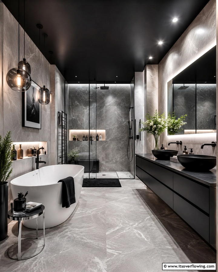 Black Ceiling for Drama - 25 Black and Grey Bathroom Ideas for a Sleek Design