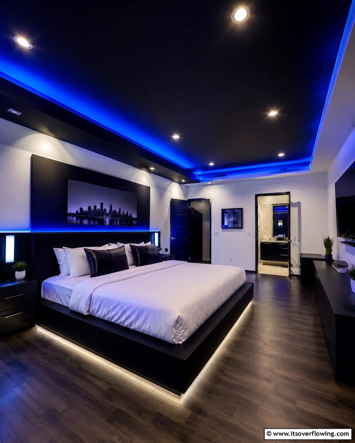 Black Ceiling with Blue Lighting - 25 Black and Blue Bedroom Ideas for a Bold Statement