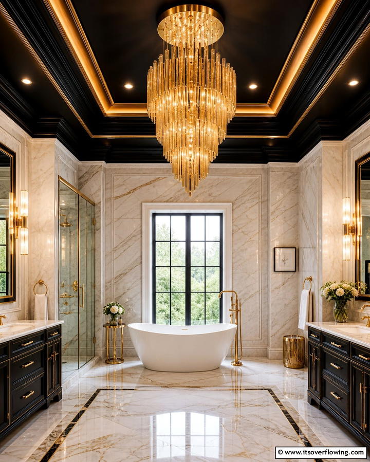 Black Ceiling with Gold Lighting - 25 Black and Gold Bathroom Ideas for a Glamorous Space