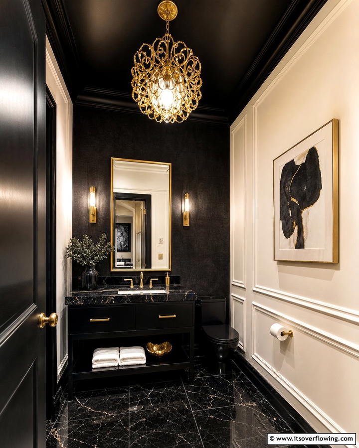 Black Ceiling with Gold Pendant Light - 25 Luxurious Black and Gold Powder Room Ideas for Elegance