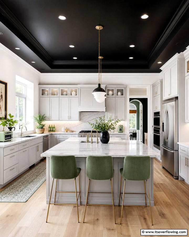 Black Ceiling with Green Accents - 25 Black and Green Kitchen Ideas for Bold Design