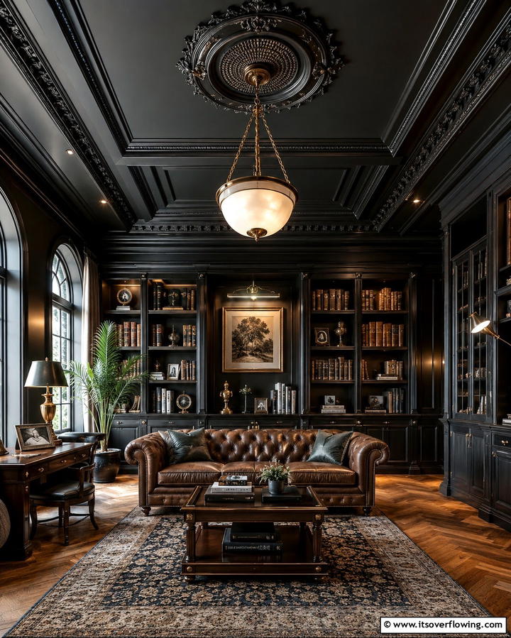 Black Ceiling with Intricate Molding - 30 Modern Black Ceiling Design Ideas for Dramatic Interiors