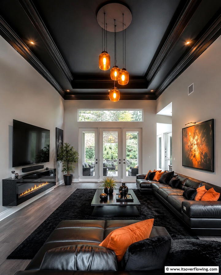 Black Ceiling with Orange Lighting - 25 Black and Orange Living Room Ideas for a Bold Statement