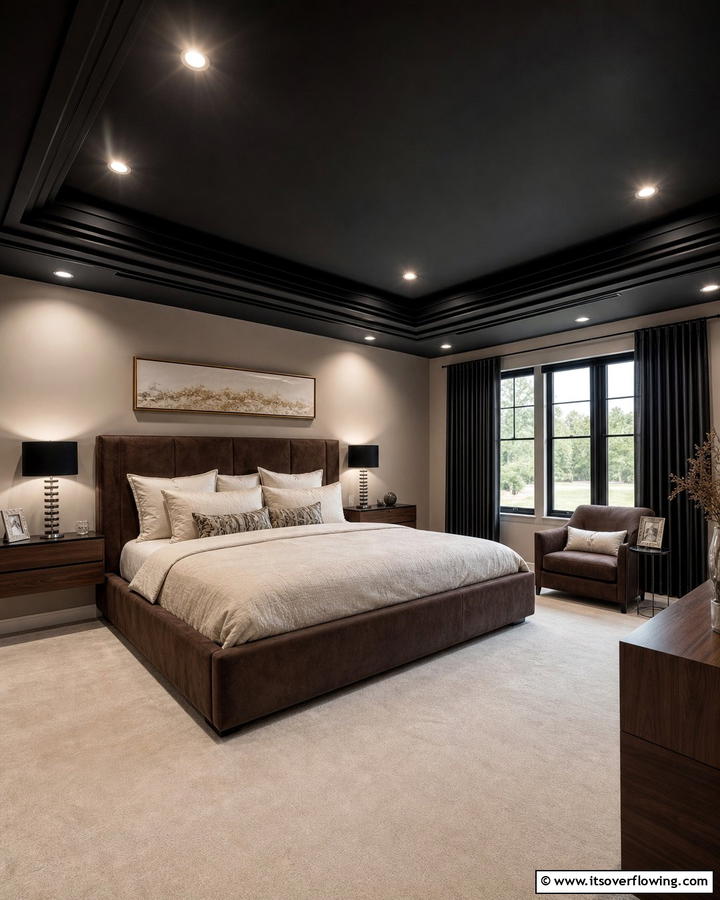 Black Ceiling with Recessed Lighting - 20 Black and Brown Bedroom Ideas for a Cozy Retreat