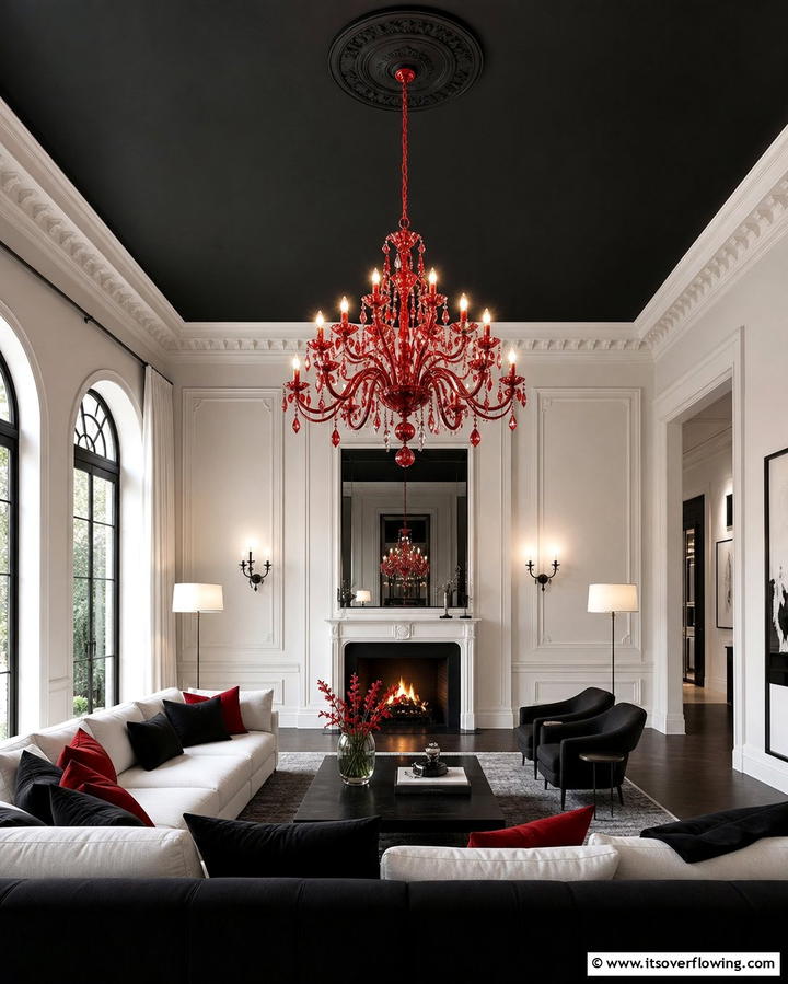 Black Ceiling with Red Chandeliers - 25 Black and Red Living Room Ideas for a Dramatic Look