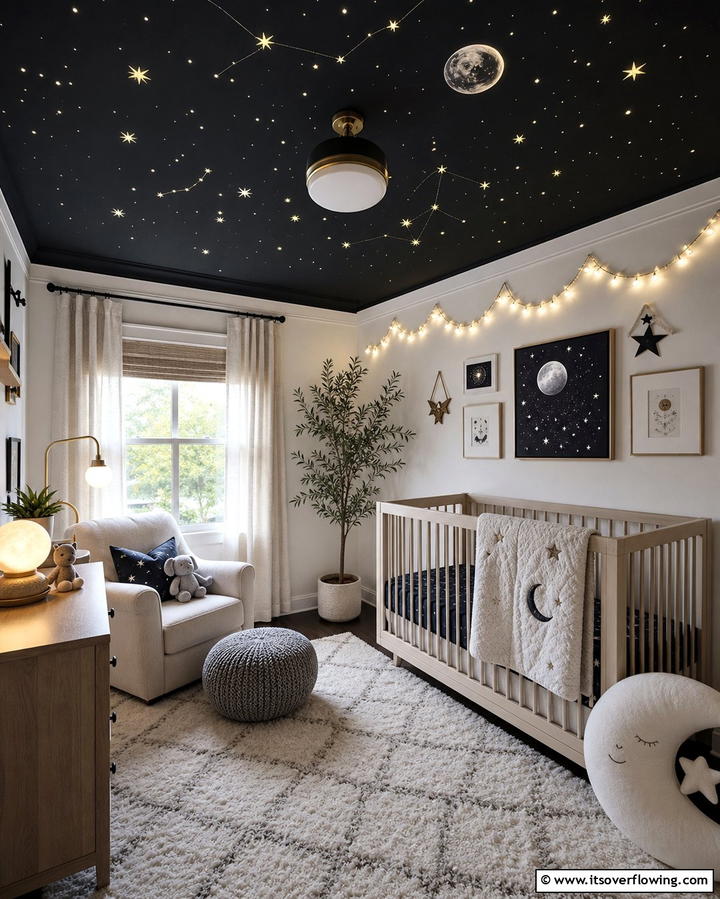 Black Ceiling with Starry Details - 25 Black Nursery Ideas for Modern Baby Rooms