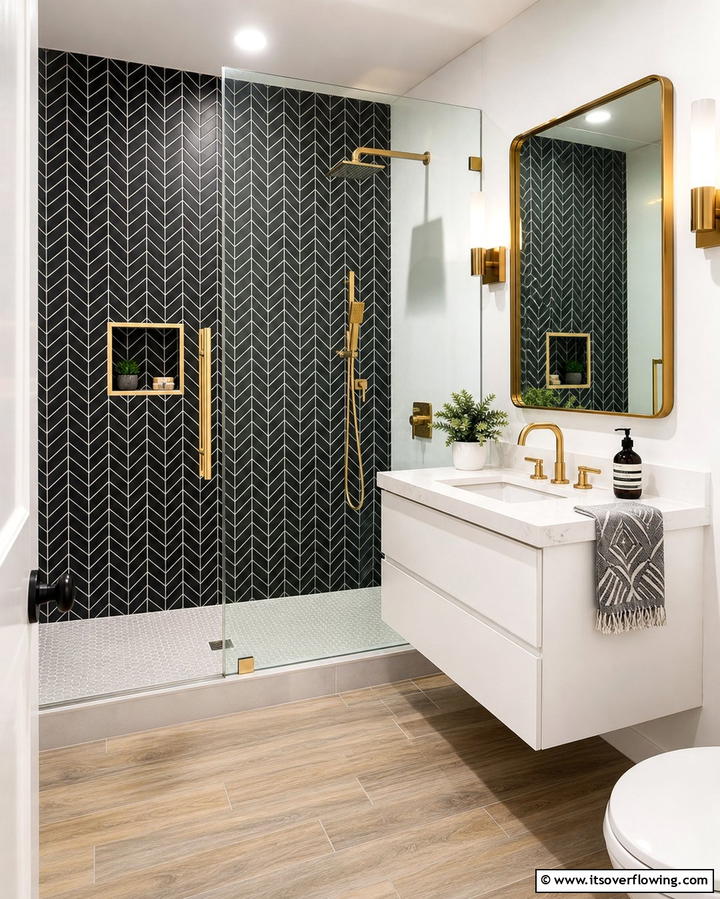 Black Chevron Mosaic for Subtle Texture - 25 Stylish Black Tile Bathroom Ideas