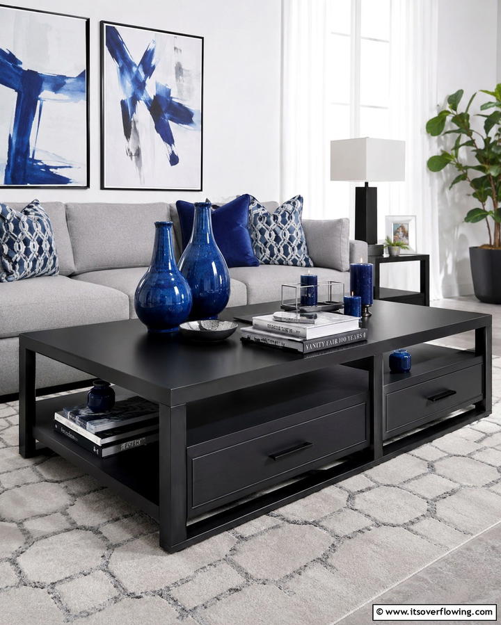 Black Coffee Table with Blue Accents - 25 Bold Black and Blue Living Room Ideas for a Statement