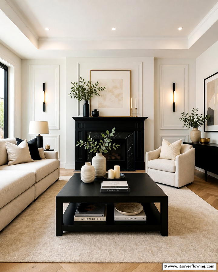 Black Coffee Table with Cream Decor - 25 Cream and Black Living Room Ideas for Elegance