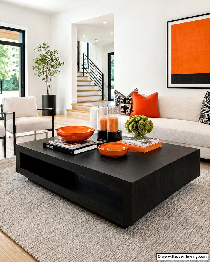Black Coffee Table with Orange Accessories - 25 Black and Orange Living Room Ideas for a Bold Statement