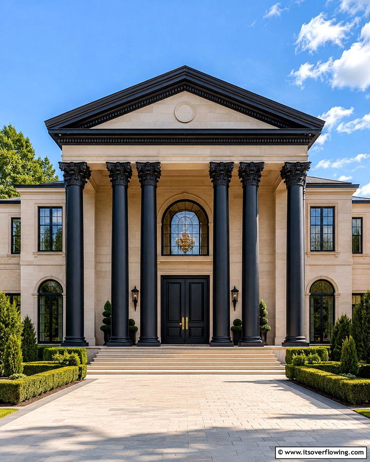Black Columns Against Beige Walls - 30 Beige & Black House Exterior Design Ideas & Inspiration