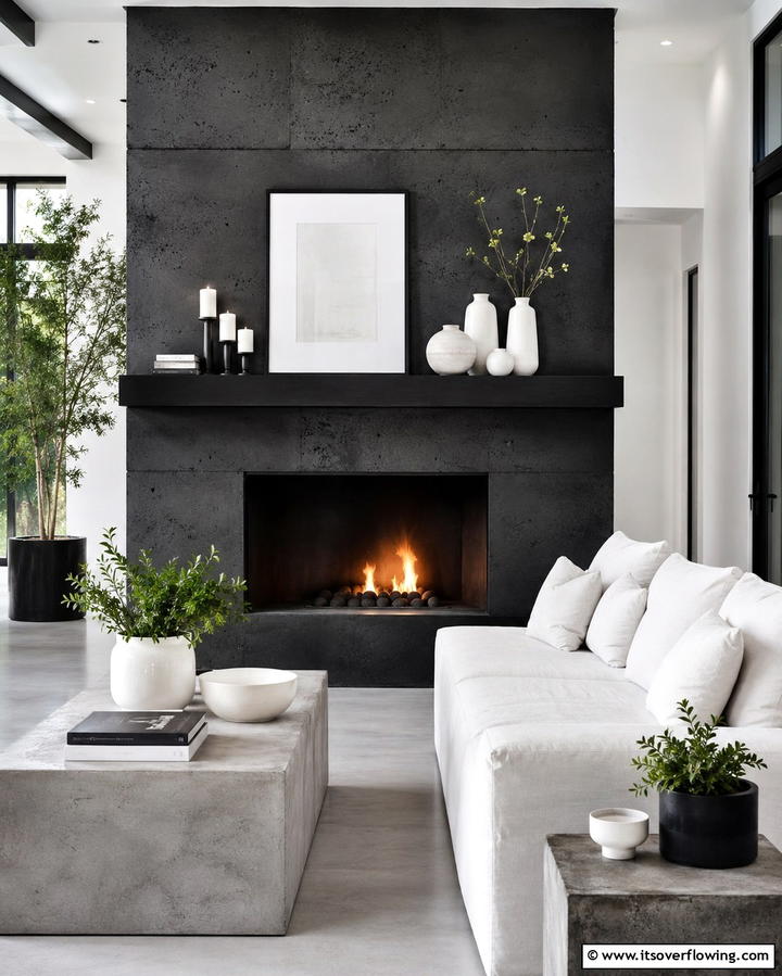 Black Concrete Fireplace with White Accessories - 25 Black and White Fireplace Ideas for Timeless Elegance