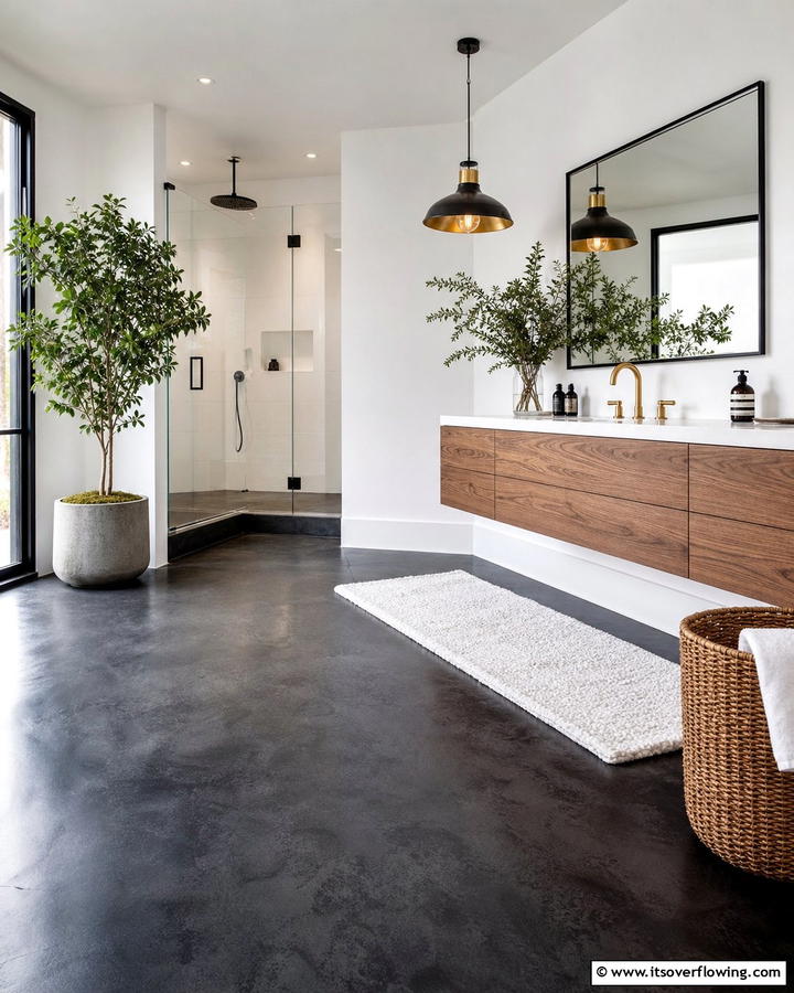 Black Concrete Floors with White Walls - 20 Black Floor Bathroom With White Walls Ideas for Contrast
