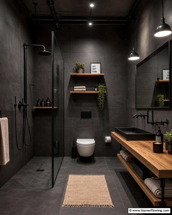 Black Concrete Tiles for Industrial Appeal - 25 Stylish Black Tile Bathroom Ideas