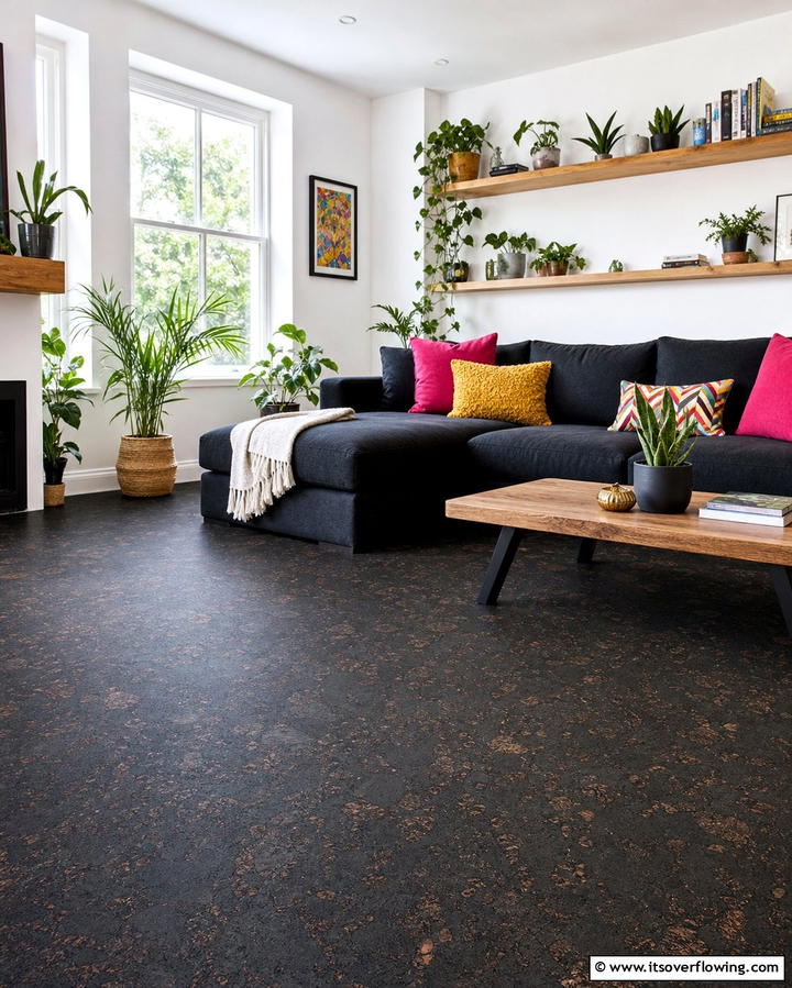 Black Cork Flooring for Comfort - 25 Black Floor Living Room Ideas for a Modern Aesthetic
