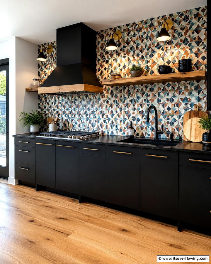 Black Countertops with Bold Tile Backsplashes - 30 Bathrooms with Black Countertops for Modern Elegance