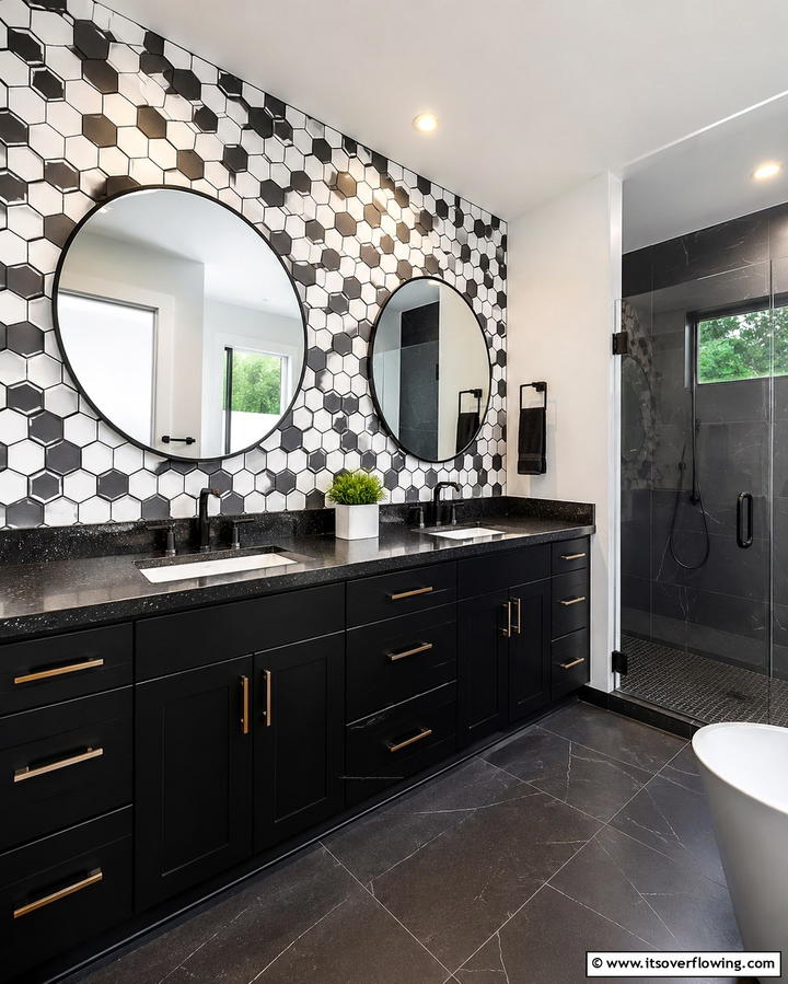 Black Countertops with Geometric Tiles - 30 Bathrooms with Black Countertops for Modern Elegance