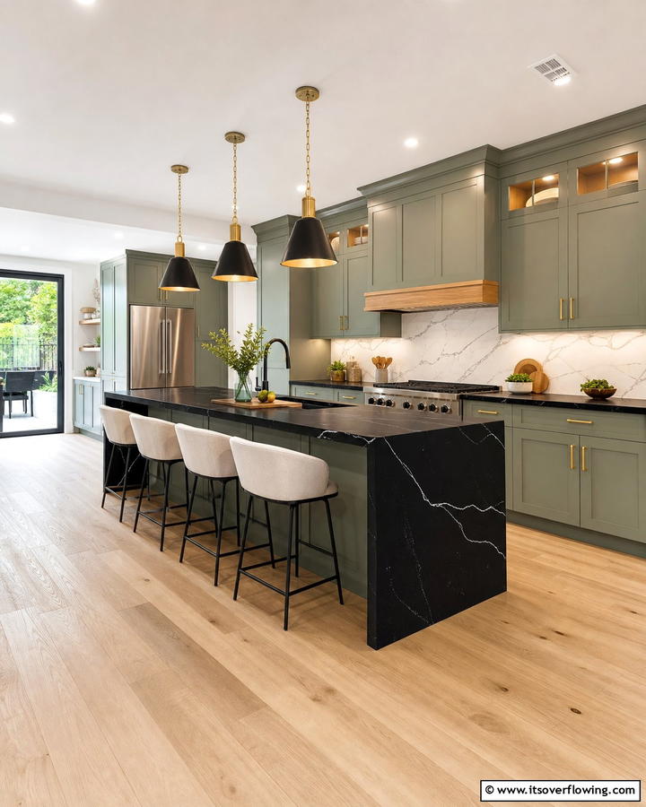 Black Countertops with Sage Green Island - 20 Sage Green and Black Kitchen Ideas for a Modern Feel