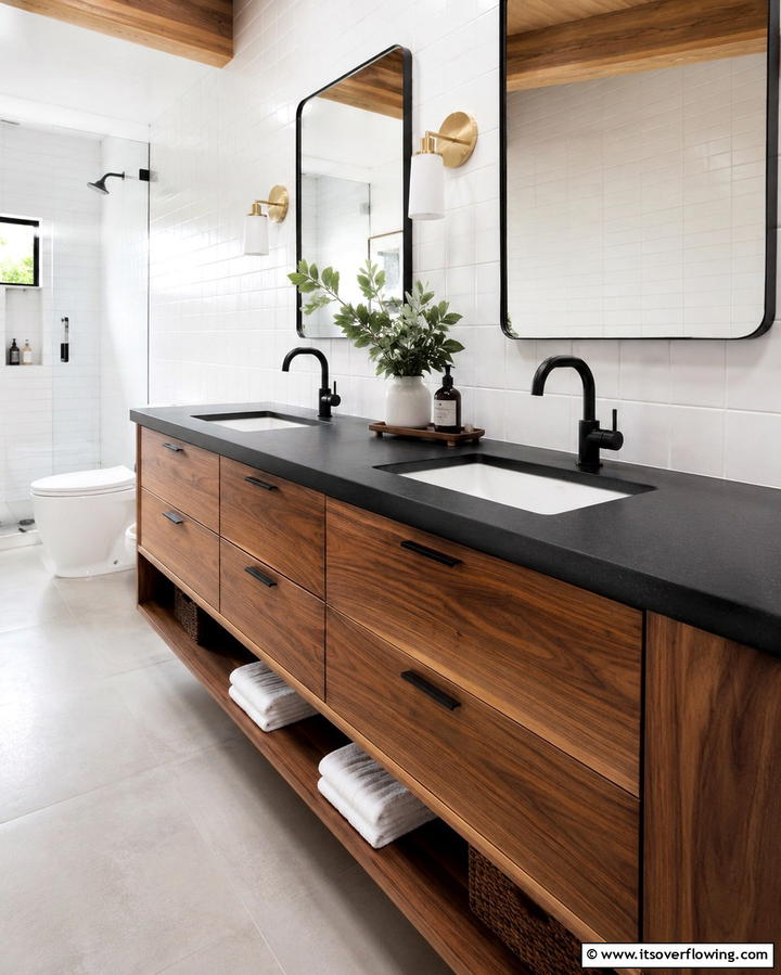 Black Countertops with Wooden Vanities - 30 Bathrooms with Black Countertops for Modern Elegance