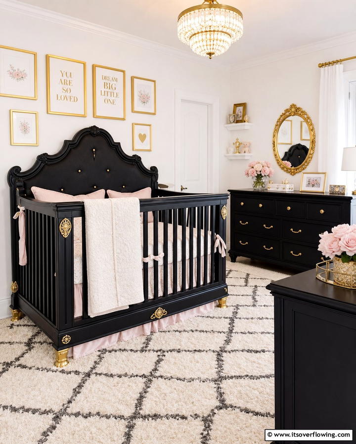 Black Crib with Gold Accents - 25 Black Nursery Ideas for Modern Baby Rooms