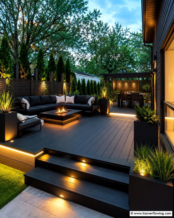 Black Deck with Accent Lighting - 25 Black Deck Ideas for a Bold Outdoor Statement