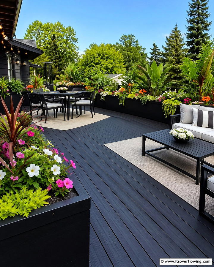 Black Deck with Built In Planters2 - 25 Black Deck Ideas for a Bold Outdoor Statement