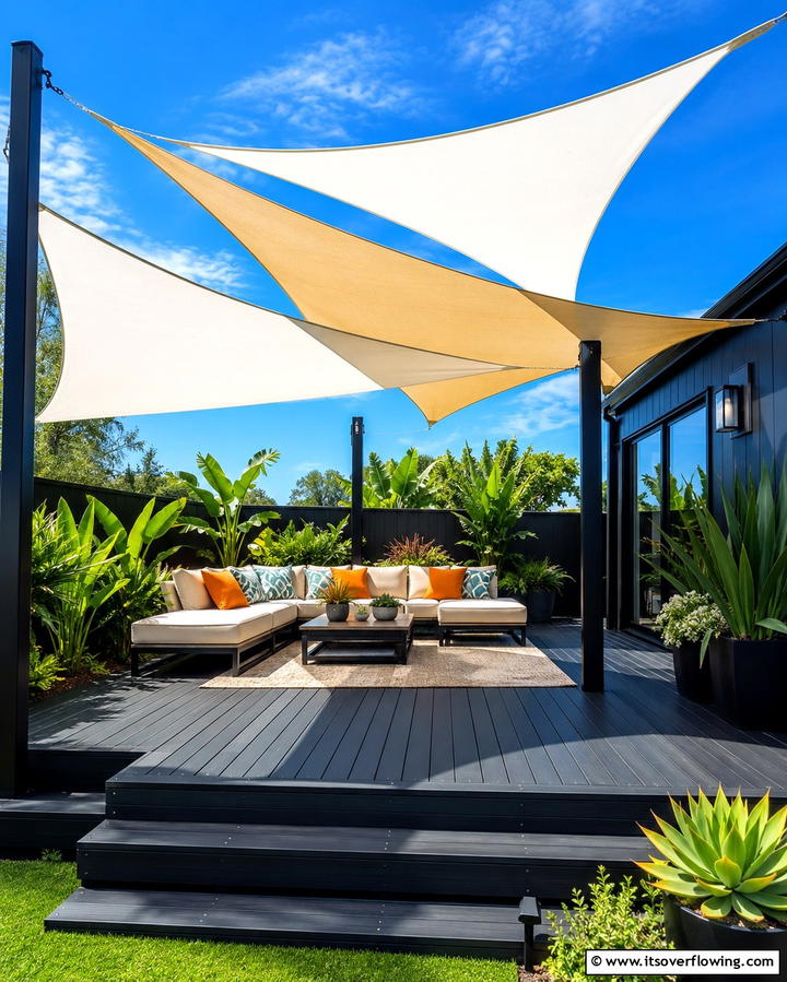 Black Deck with Shade Sails - 25 Black Deck Ideas for a Bold Outdoor Statement