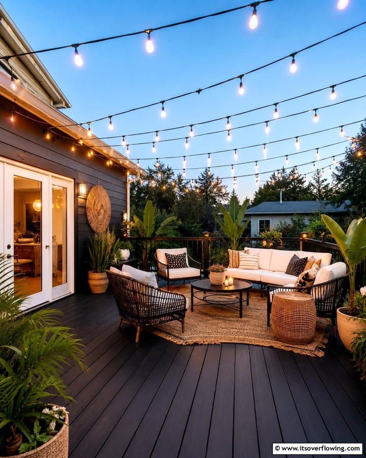 Black Deck with String Lighting - 25 Black Deck Ideas for a Bold Outdoor Statement