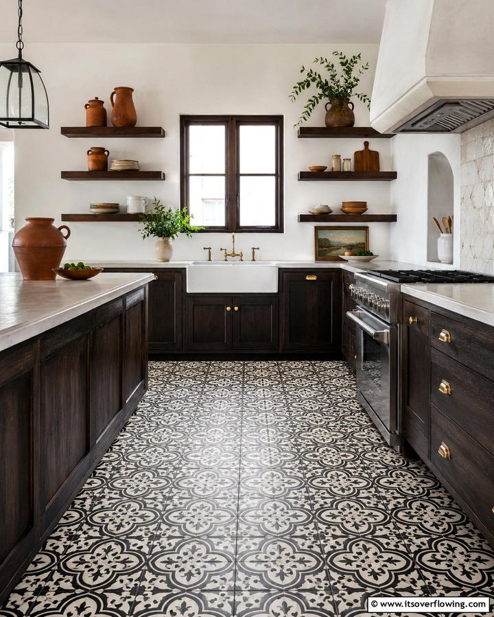 Black Encaustic Tile Beauty - 30 Sleek Black Floor Kitchen Ideas for Contemporary Designs