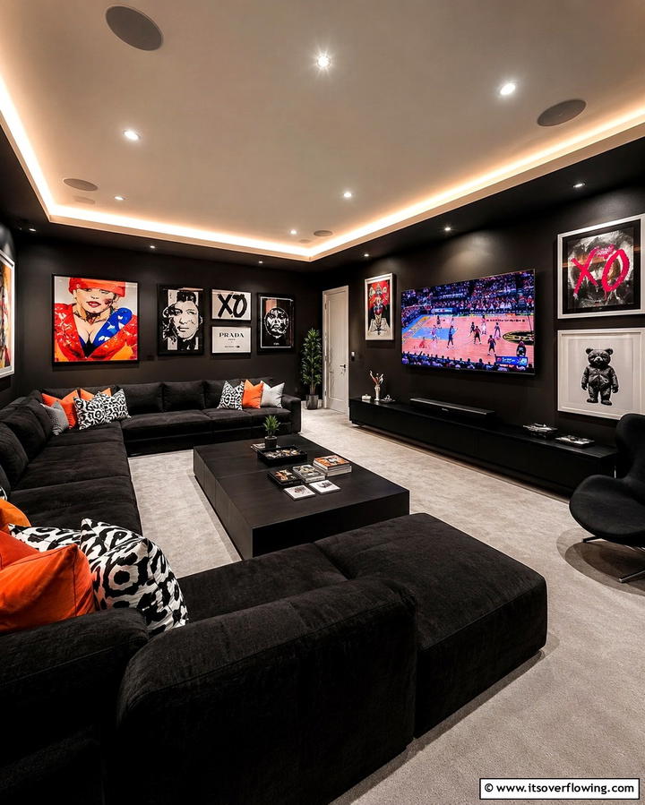 Black Entertainment Lounge - 30 Black Basement Design Ideas for a Modern & Cozy Space