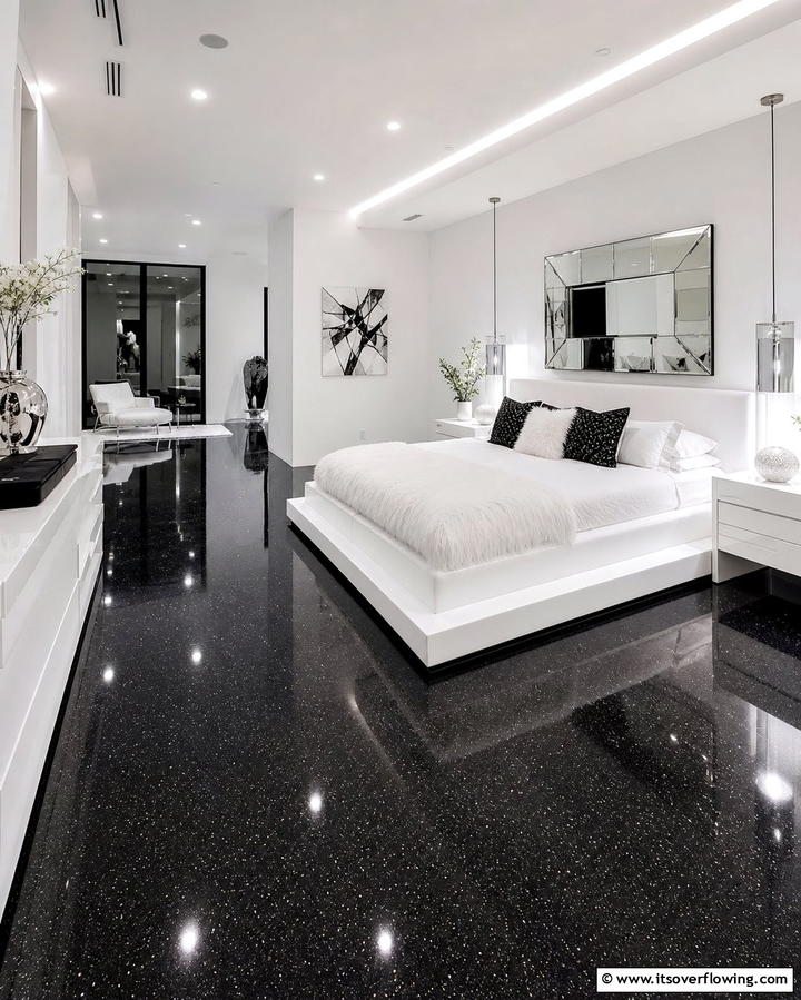 Black Epoxy Flooring for a Sleek Finish - 25 Black Floor Bedroom Ideas for a Bold and Modern Look