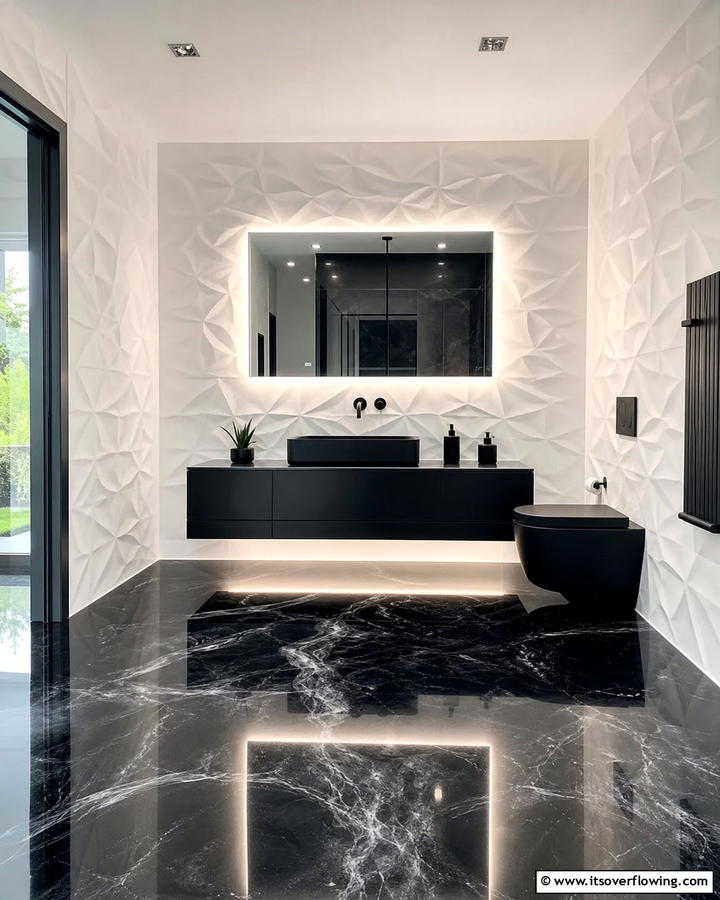 Black Epoxy Floors with White Textured Walls - 20 Black Floor Bathroom With White Walls Ideas for Contrast