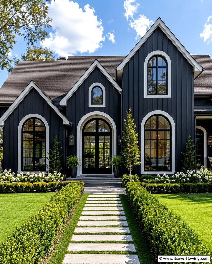 Black Exterior with Arched Windows - 25 Black Modern Farmhouse Exterior Design Ideas