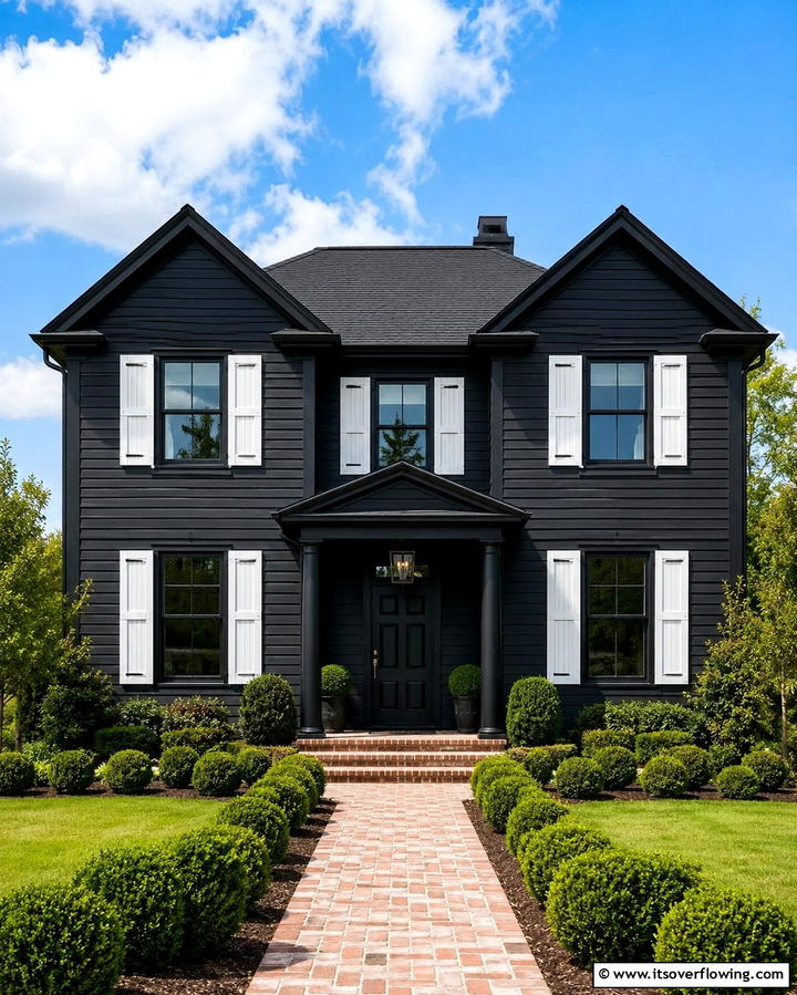 Black Exterior with Contrasting White Shutters - 25 Black Modern Farmhouse Exterior Design Ideas