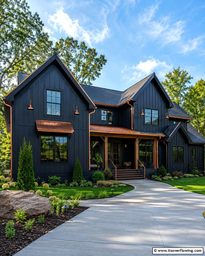 Black Exterior with Copper Accents - 25 Black Modern Farmhouse Exterior Design Ideas