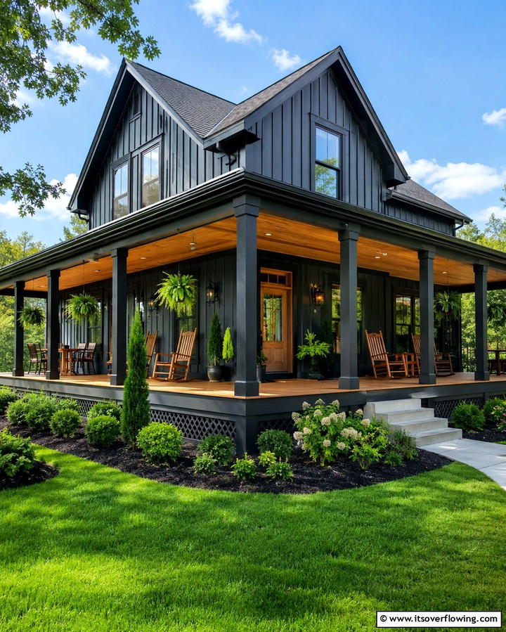 Black Exterior with Large Wraparound Porch - 25 Black Modern Farmhouse Exterior Design Ideas